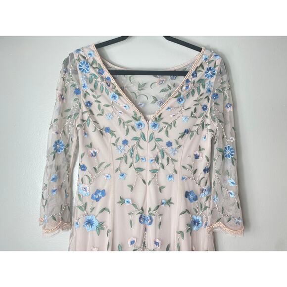 ADRIANNA PAPELL DRESS 6 FLORAL EMBROIDERED BEADED SHEATH SHORT COCKTAIL BEIGE - Picture 9 of 16